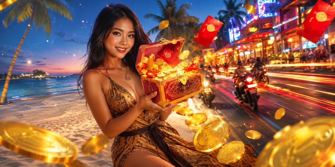 Amplop merah bonus di tepi pantai melambangkan hadiah jackpot yang menanti
