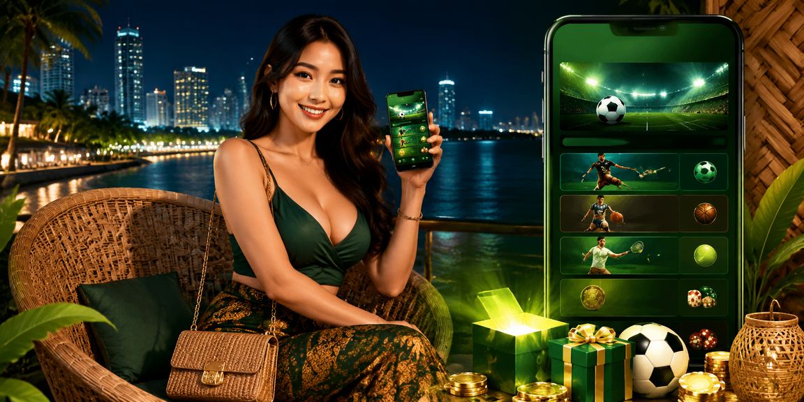 Model menunjukkan bonus deposit di layar smartphone dengan senyum