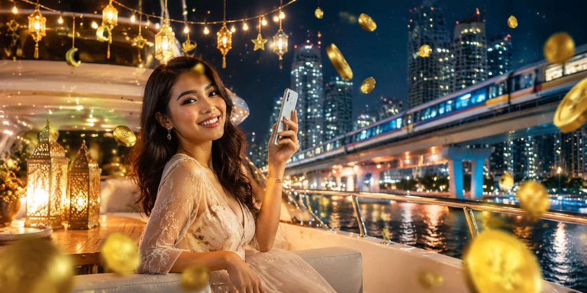 Pengguna memainkan game casino di festival dengan ponsel Android